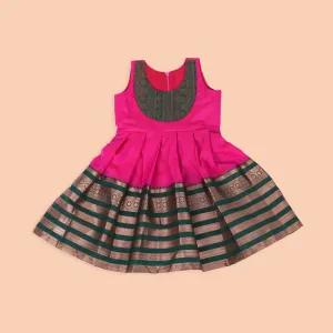 Vibrant Pink and Green Ethnic Frock with Gold Accents