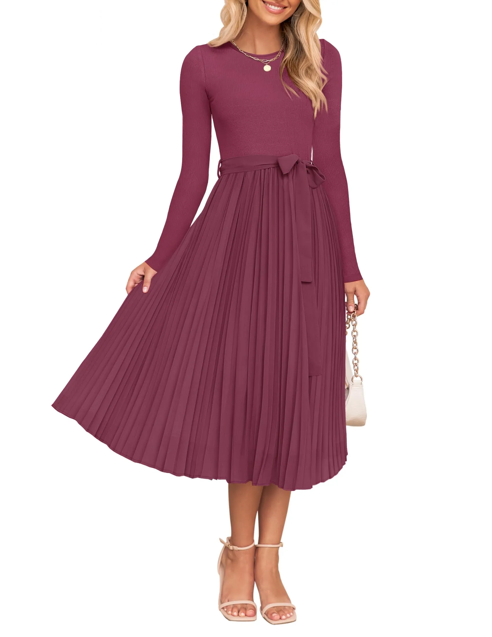 ZESICA Casual Crewneck Knit Belted Pleated A Line Flowy Sweater Dresses