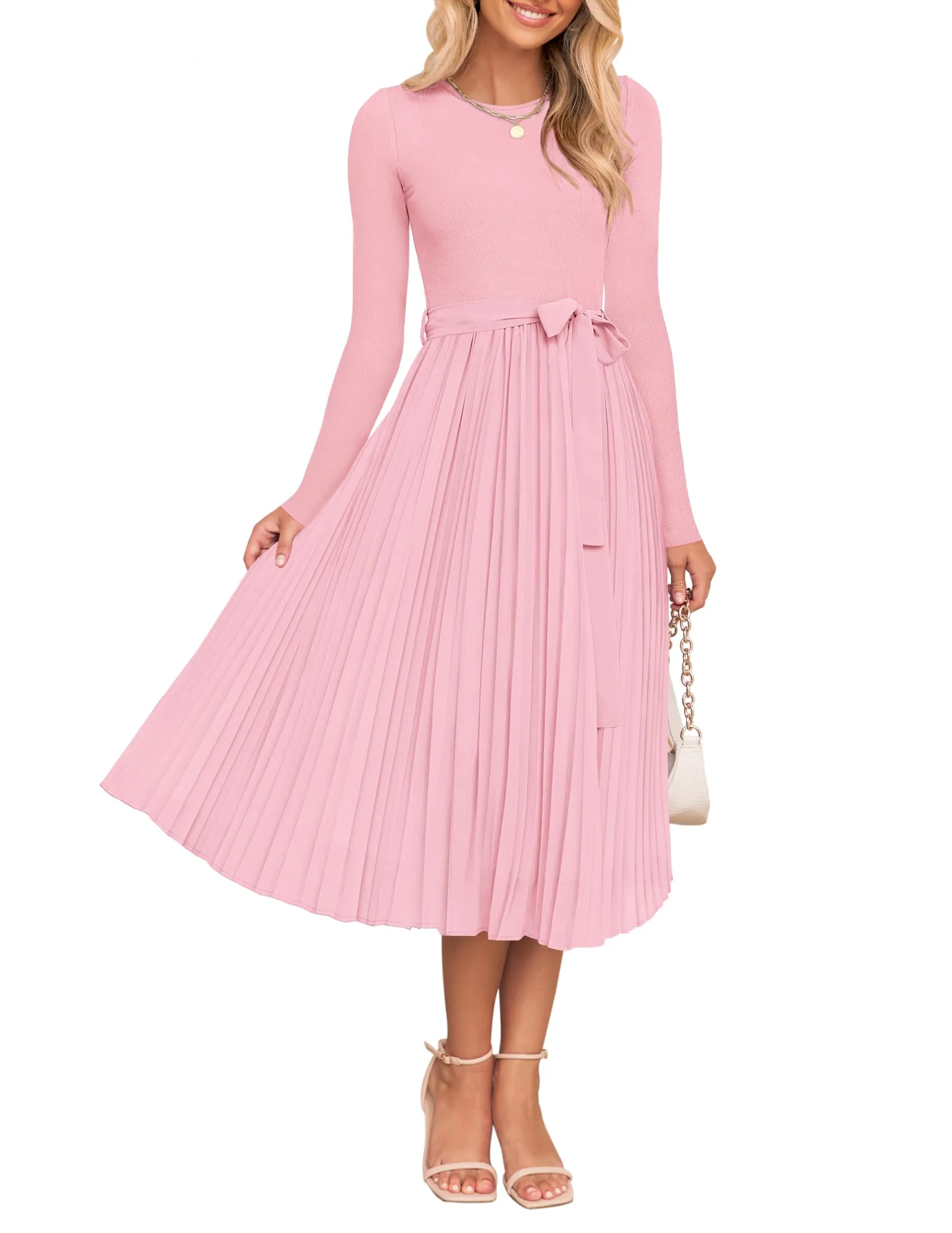 ZESICA Casual Crewneck Knit Belted Pleated A Line Flowy Sweater Dresses