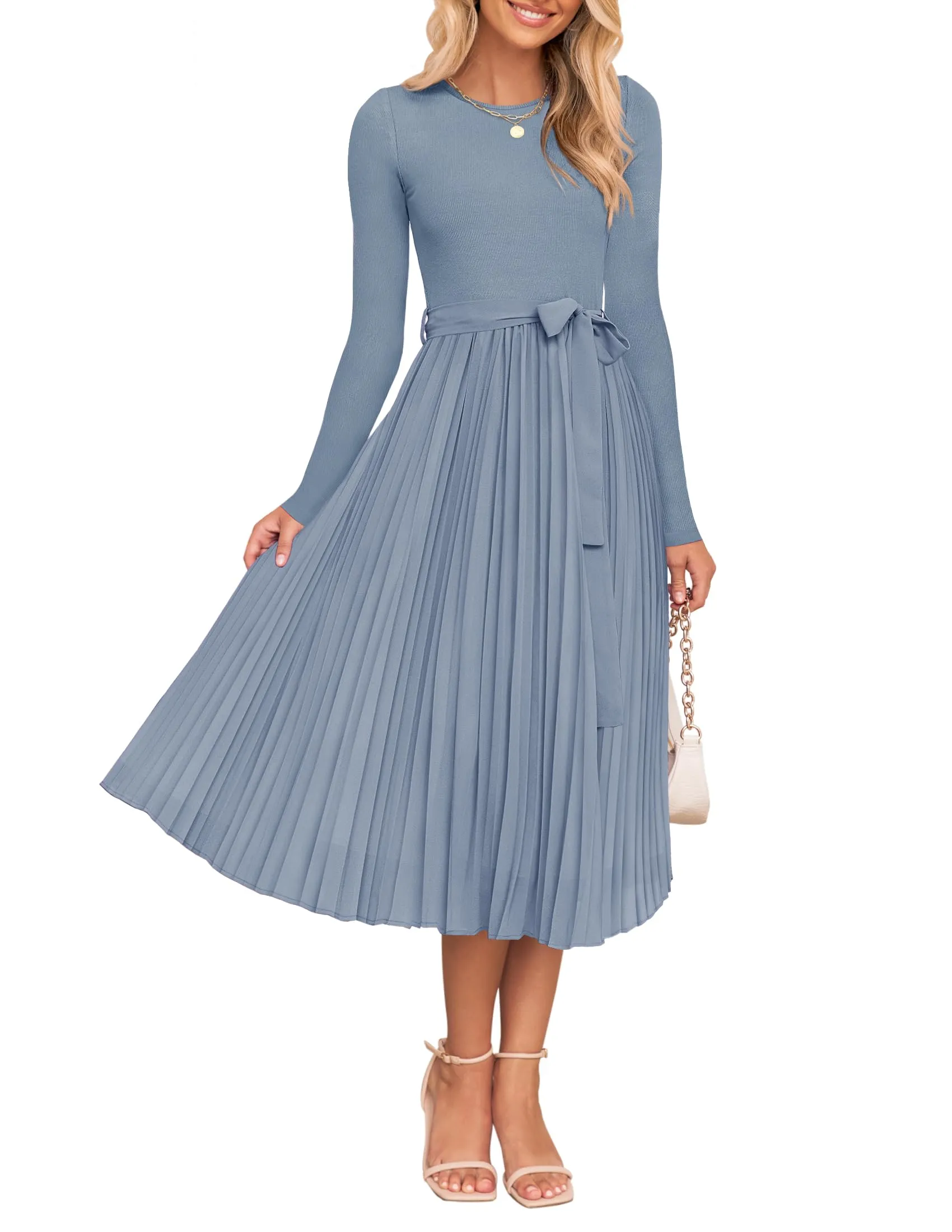 ZESICA Casual Crewneck Knit Belted Pleated A Line Flowy Sweater Dresses