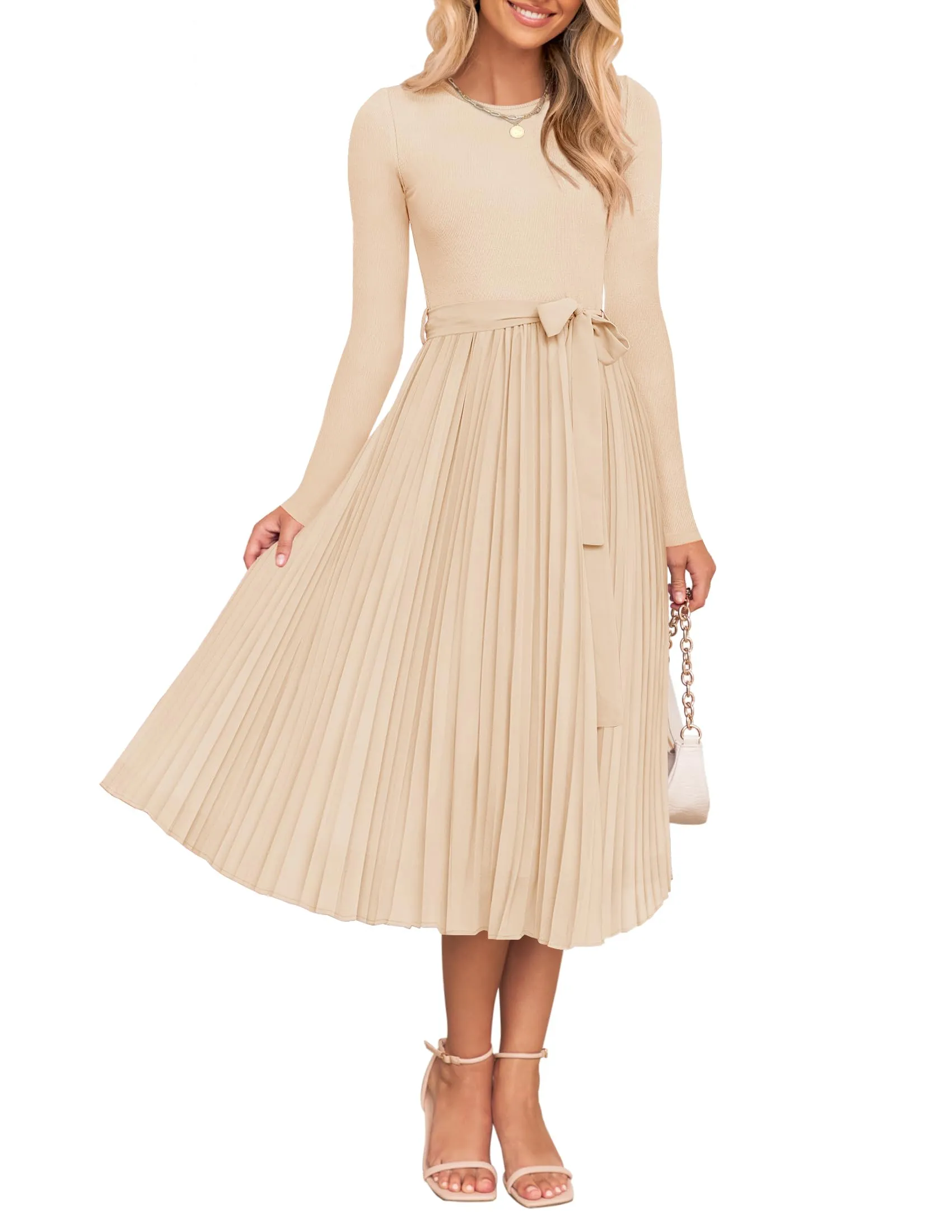 ZESICA Casual Crewneck Knit Belted Pleated A Line Flowy Sweater Dresses