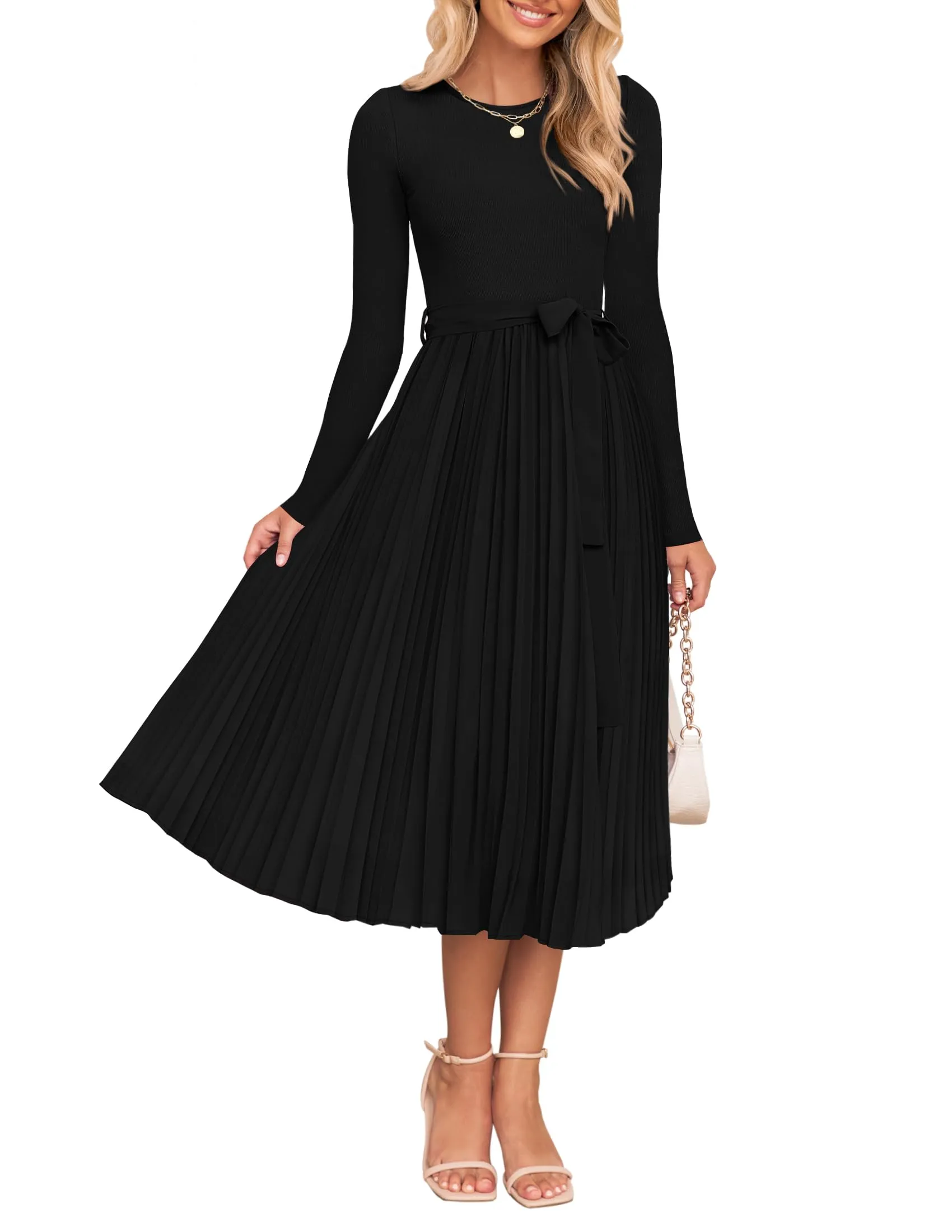 ZESICA Casual Crewneck Knit Belted Pleated A Line Flowy Sweater Dresses