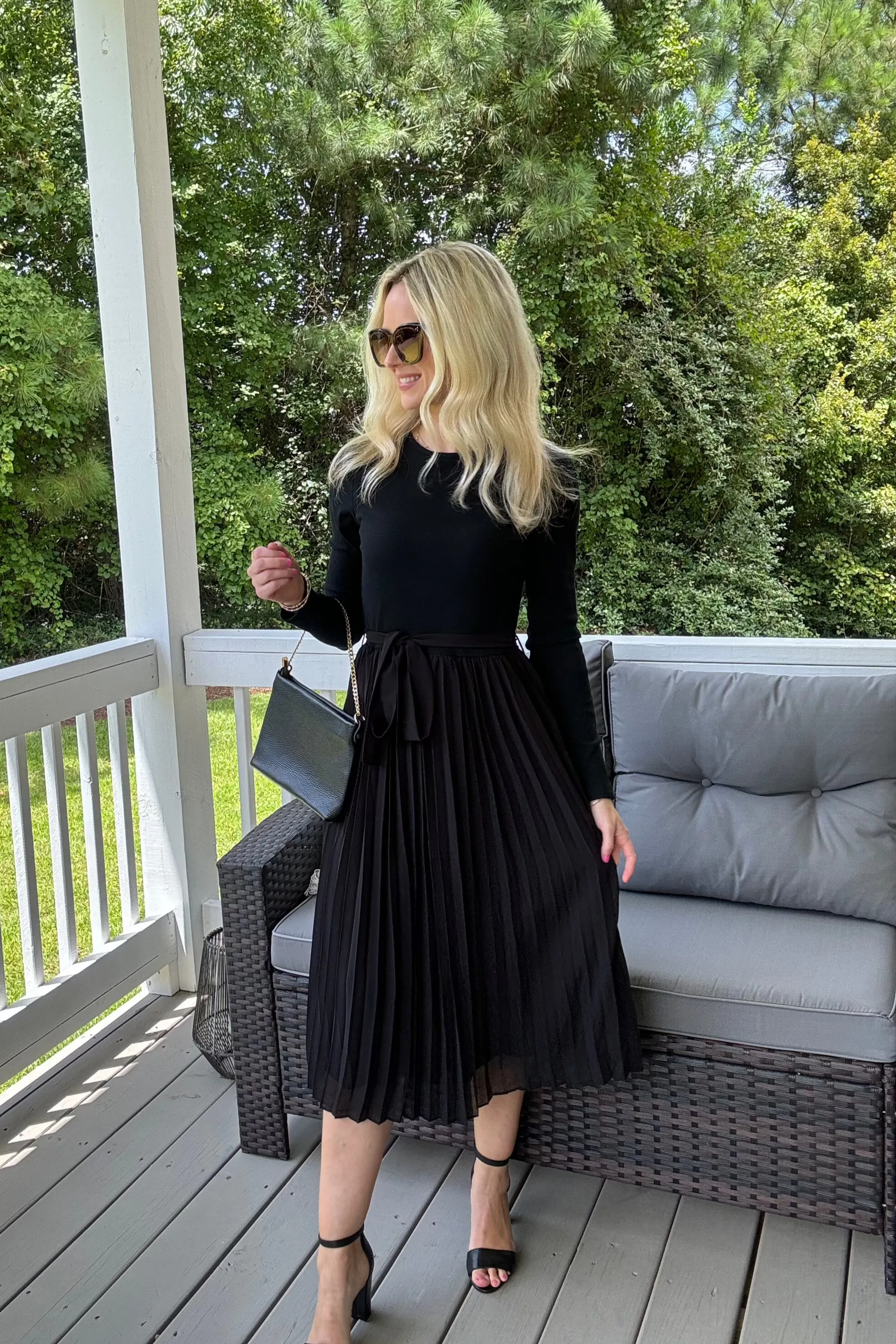 ZESICA Casual Crewneck Knit Belted Pleated A Line Flowy Sweater Dresses