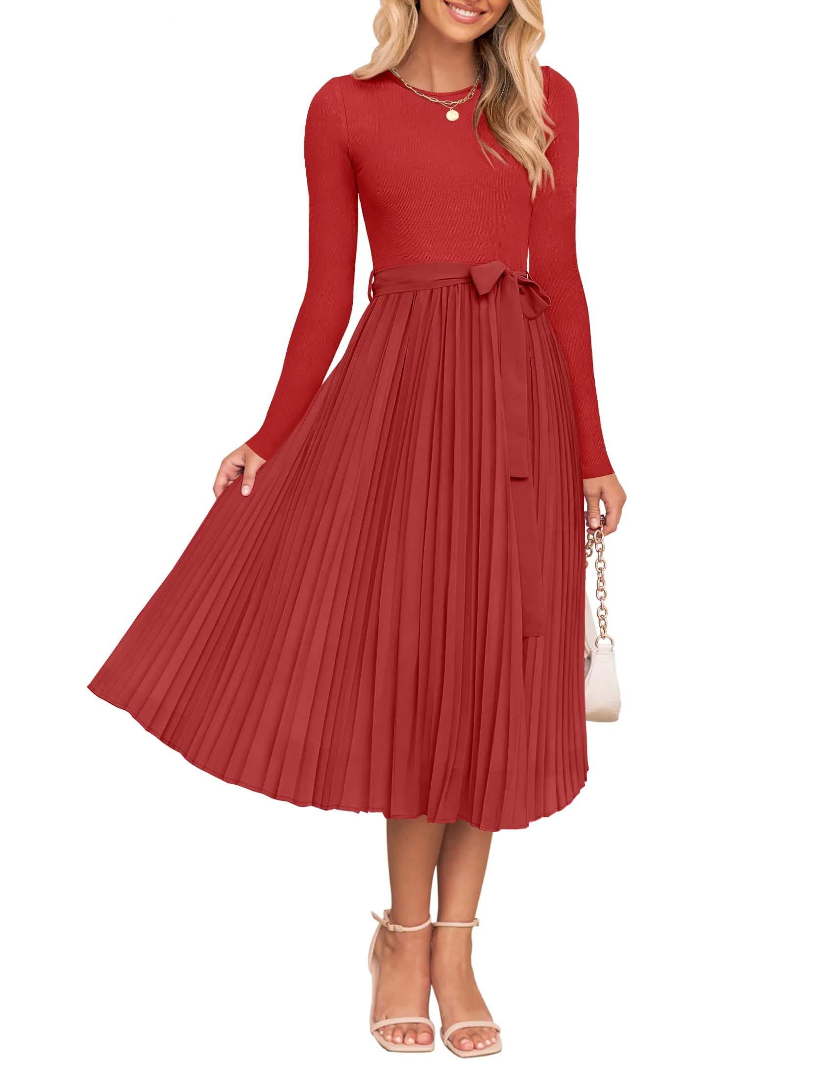 ZESICA Casual Crewneck Knit Belted Pleated A Line Flowy Sweater Dresses